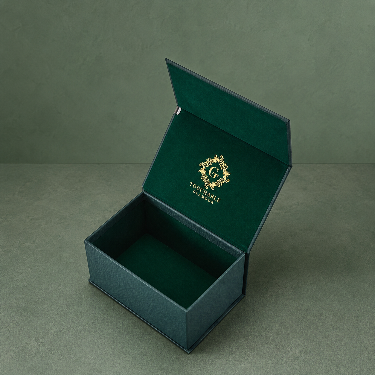 Apparel presentation box with textured paper and velvet interior