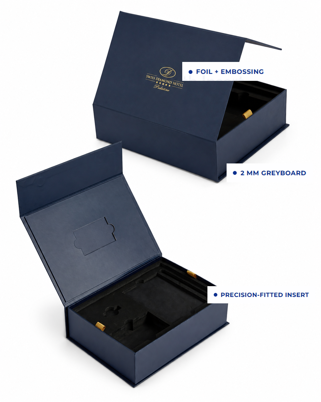 Custom rigid box with precision-fitted insert shown open